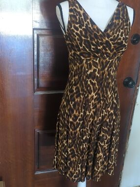 Ralp Lauren Sleeveless V-Neck Leopard Print Midi Dress in Brown